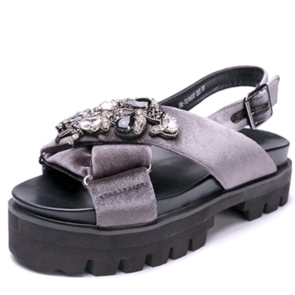 Natilye Velvet w Crystals Lug Sole Sandals in Dark Gray-Size 38/7.5